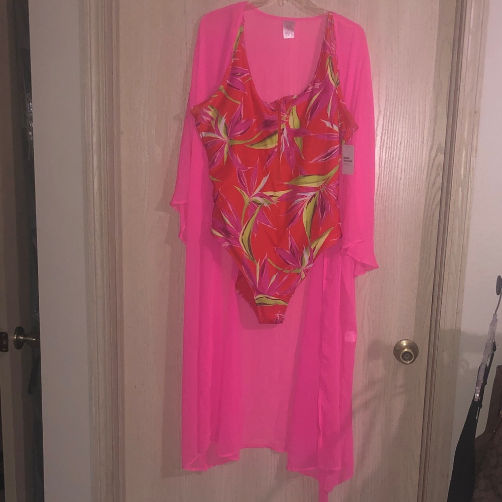 Old Navy Pink and Red Tropical One-Piece Swimsuit with Cover-Up